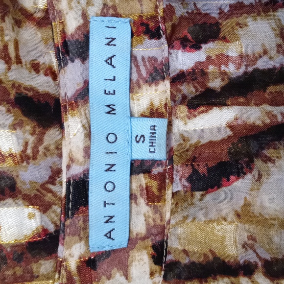 🍂Antonio Melani🍂 - Gold/Red/Black/Brown Pleated Front Semi-Sheer Gaylene Top - Picture 3 of 13